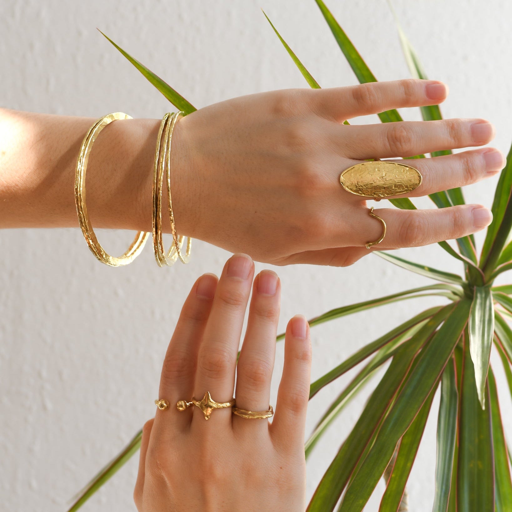 Hands wearing gold jewelry with a plant in the background